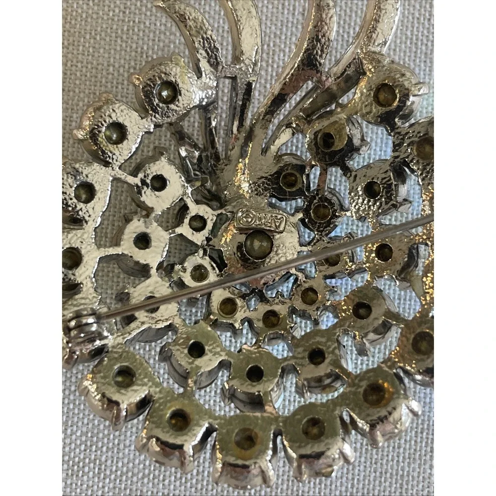 Vintage Aurora Borealis Rhinestone Brooch Silver Tone Mid Century Costume Signed